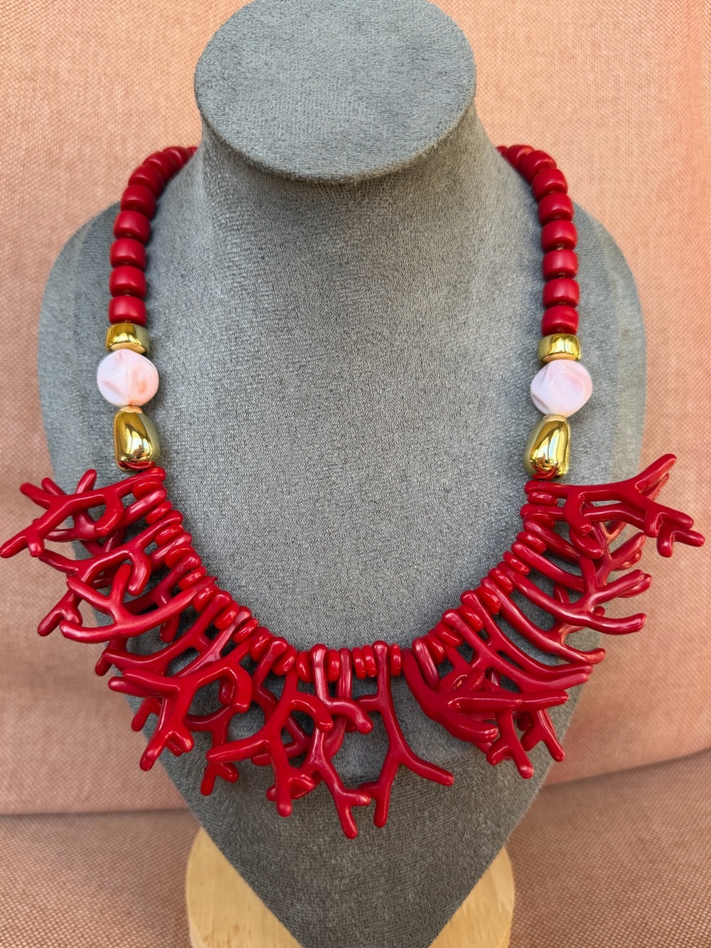 Red Coral Statement Necklace, Bold Branch Bib Necklace Coastal Jewelry